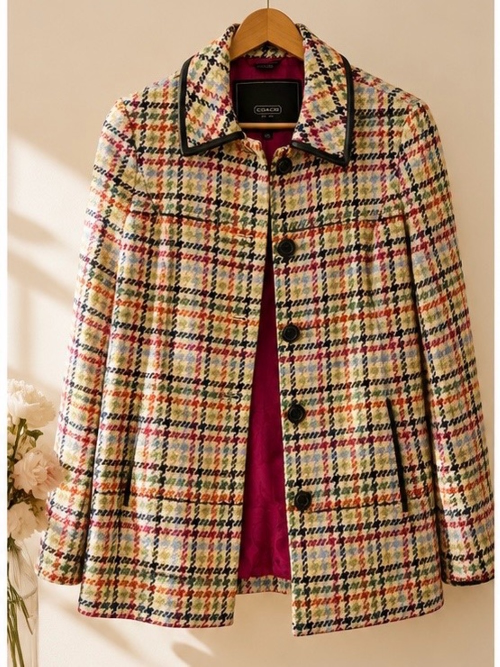 Coach Multicolor Plaid Peacoat with Black Trim